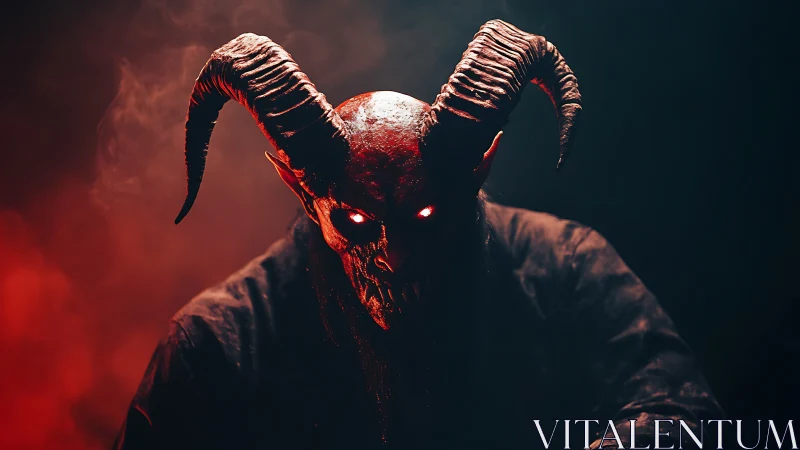 Horned infernal figure bathed in ember smoke and shadowed dread.