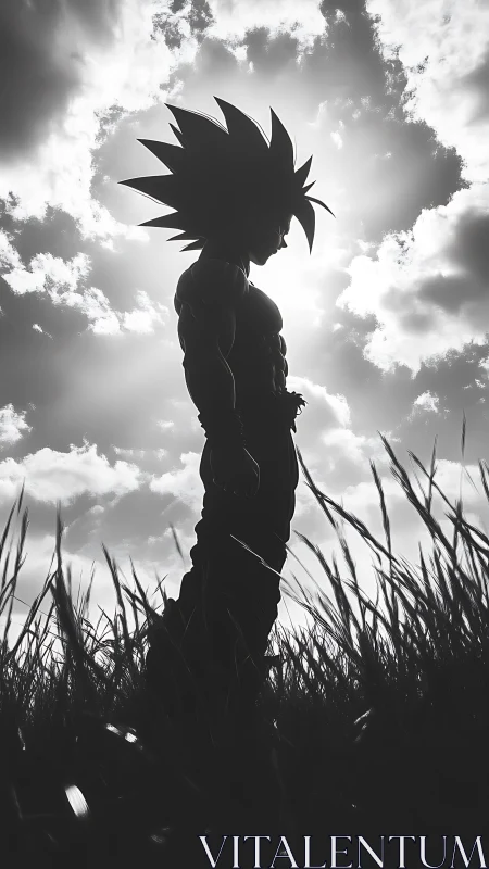 Backlit spiky-haired warrior silhouette in high-contrast field.