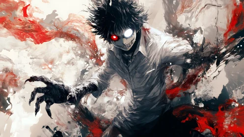 Demonic anime figure erupts through splattered red shadows.