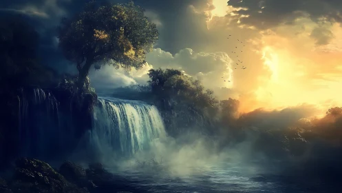 Sunlit cascade beneath twilight sky in misty valley.