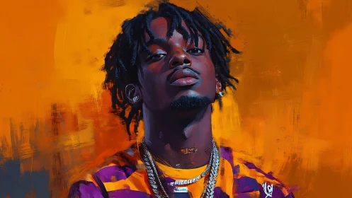 Stylized rapper portrait set against vivid orange field