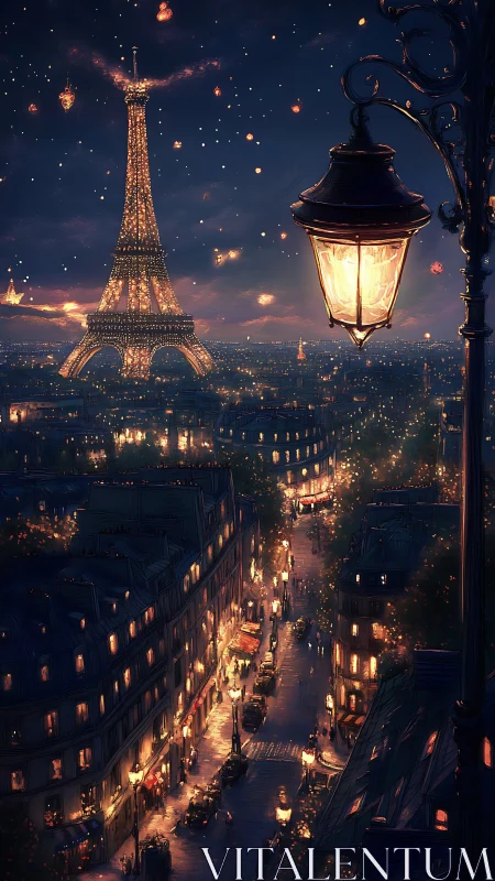 Nighttime Paris street and Eiffel Tower rendered in glowing light