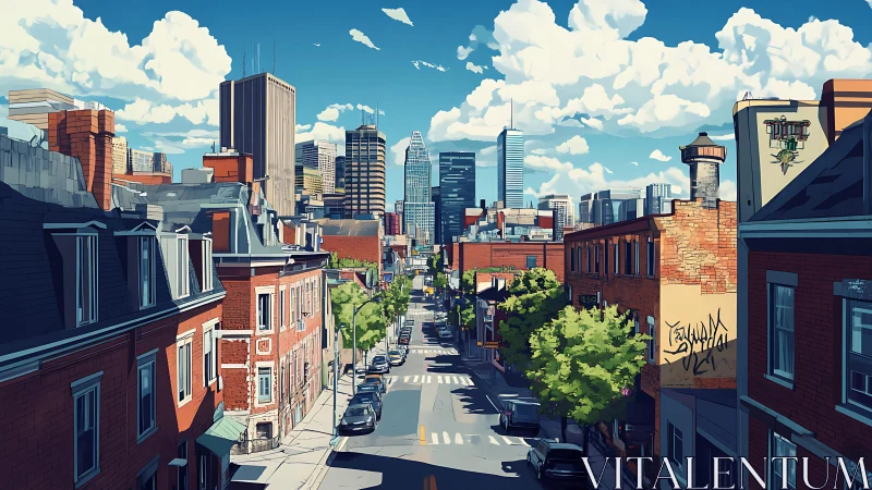 Urban street extends toward dense downtown skyline in daylight