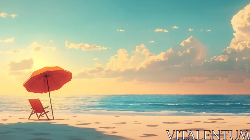 Digital painting of tranquil sunrise beach with umbrella focus.