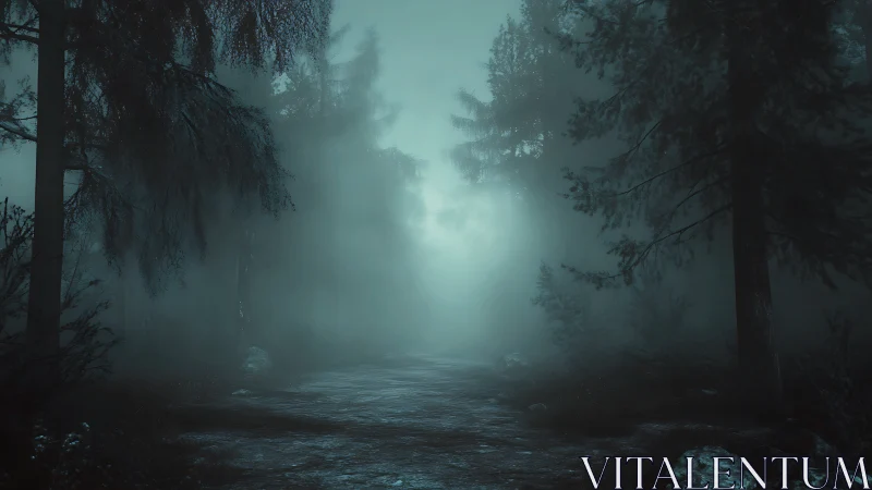 Misty forest pathway through coniferous woodland with radiant luminescence