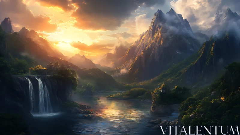 Sunlit fantasy mountains encircle a tranquil river valley.
