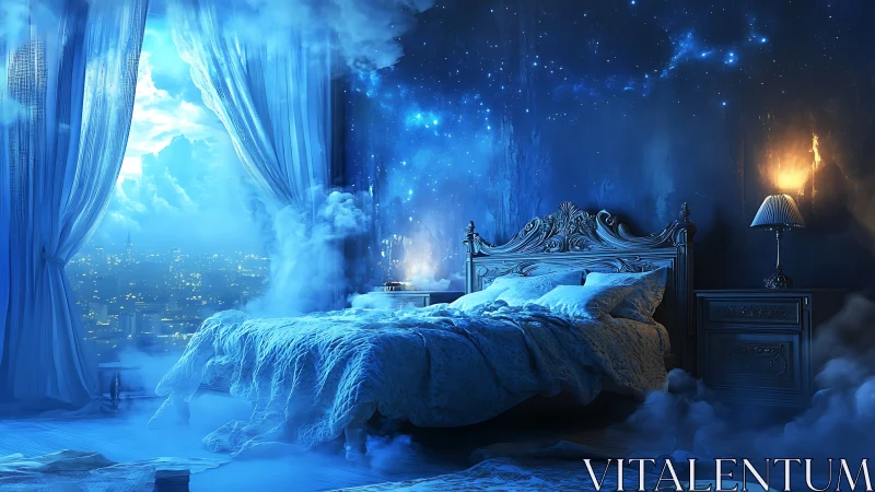 Star-filled dream bedroom merges night sky and city lights.