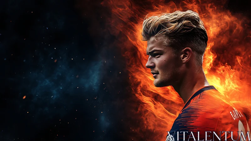 Side-lit soccer portrait with high contrast fire and nebula field