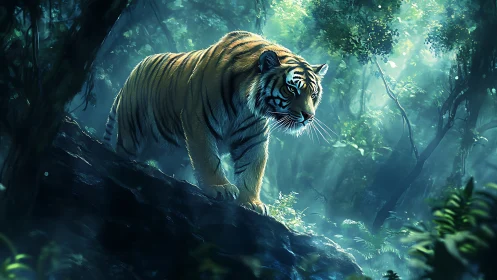 Moonlit jungle stalker prowls through emerald misted leaves.