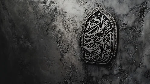 Metallic Arabic calligraphy plaque on textured concrete wall.