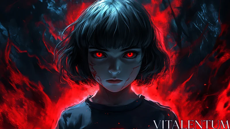 Digital painting of ominous red-eyed child with infernal aura.