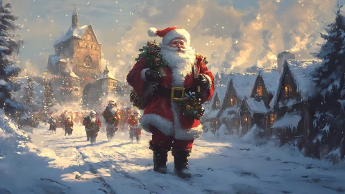 Snowlit Santa procession crossing a glowing storybook village.