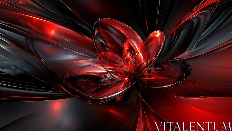 Chromatic red glass bloom unfolds within dark metallic void