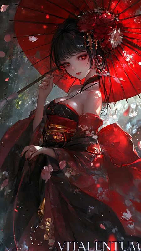 Crimson parasol muse in moonlit petals and shadowed silk.