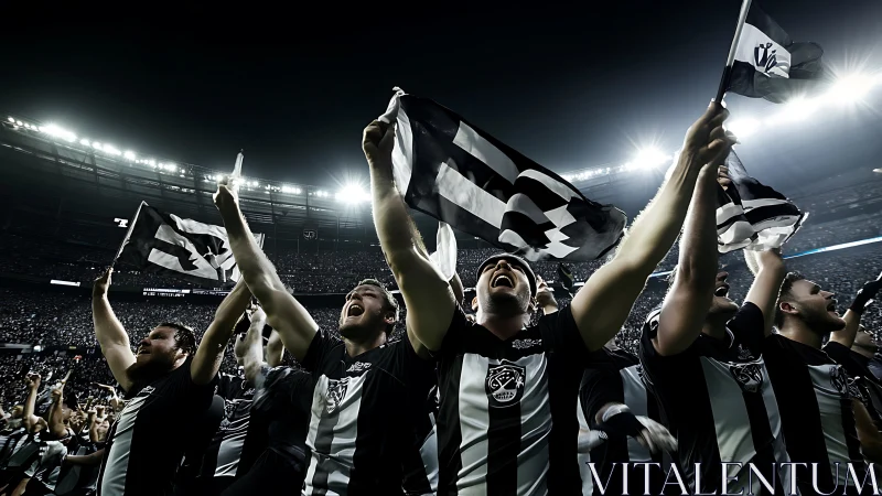 Night stadium erupting with monochrome football fan energy.