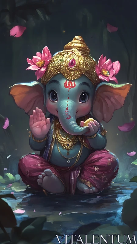 Cute baby elephant deity in ornate gold crown and pink robes.