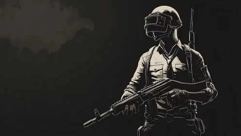 Helmeted tactician waits in the shadows with leveled rifle