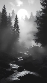 Moonlit forest stream flows through mist and dark pines