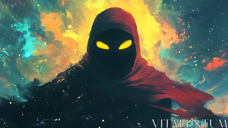 Hooded void figure with luminous eyes in nebular color field