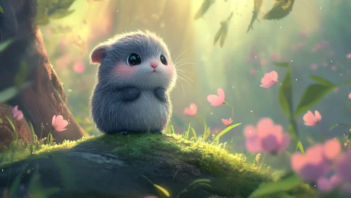 Tiny forest creature under dreamy sunlit blossoms.
