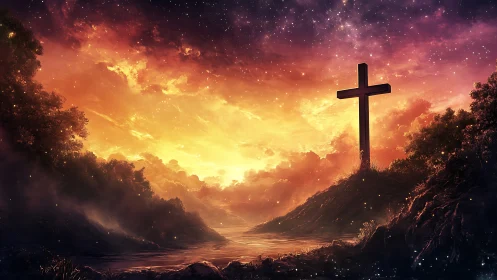 Sunset cross glowing over a quiet river of gentle light.