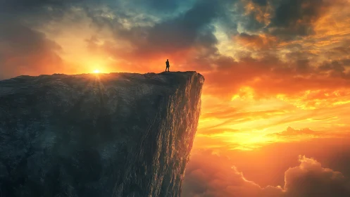 Solitary silhouette atop sunlit cliff at radiant sunrise.