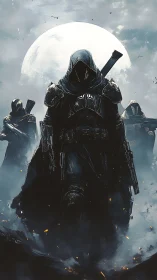 Digital painting of armored cloaked warriors under full moon.