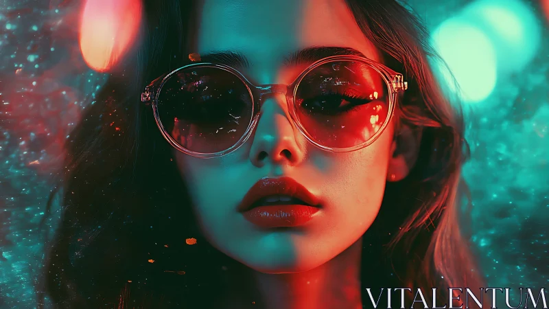 Neon-lit female portrait with reflective sunglasses and bokeh glow.