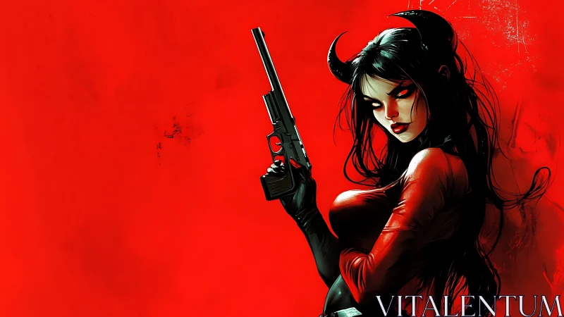 Devil-horned femme fatale grips pistol on crimson field.