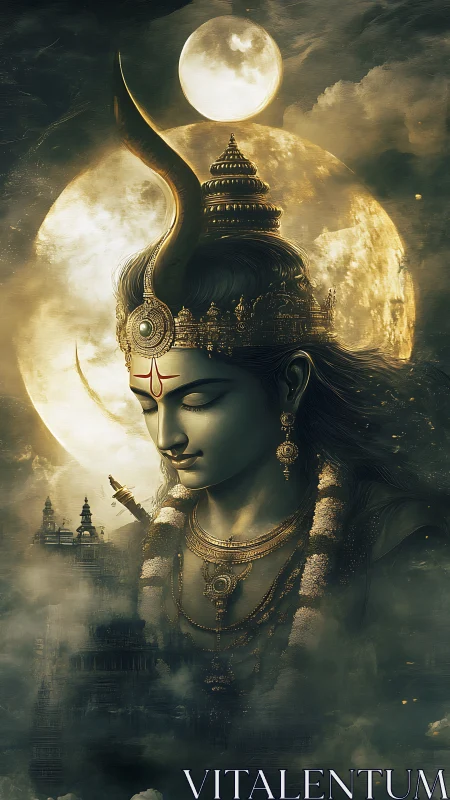 Moonlit divine portrait framed by celestial halos and mist.