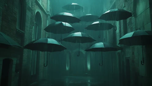 Midnight umbrellas drifting through a rainlit alleyway.