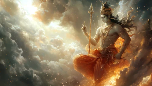 Divine warrior figure floating in luminous storm clouds.