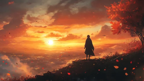 Solitary silhouette overlooking radiant autumn horizon.