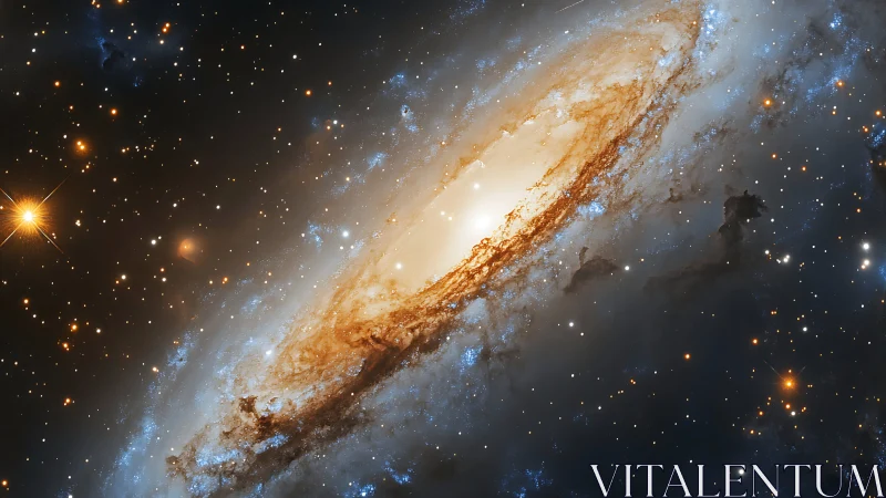 Spiral galaxy core rendered with luminous dust lanes and stars.