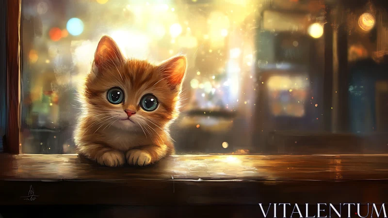 Kitten on Windowsill at Night.