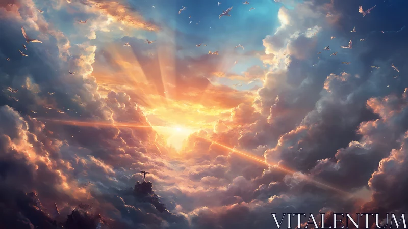 Radiant sunset tears open storm clouds above distant cross