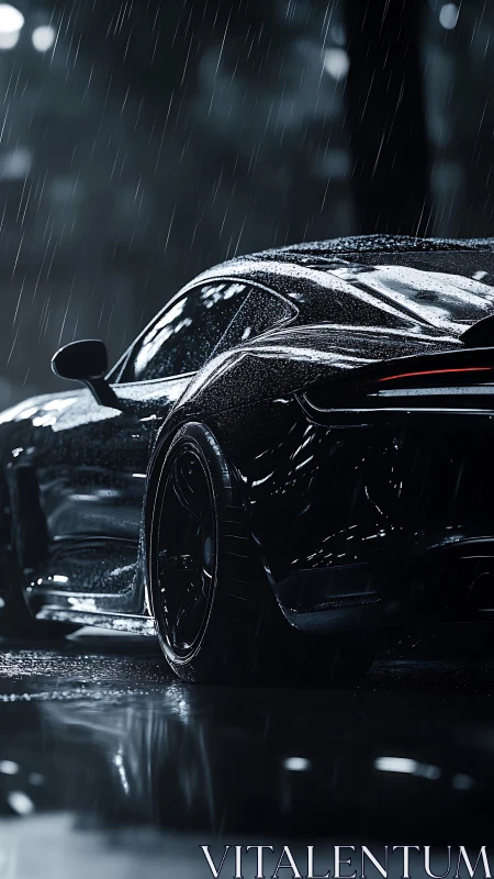 Rear three quarter view sports coupé in heavy night rainfall