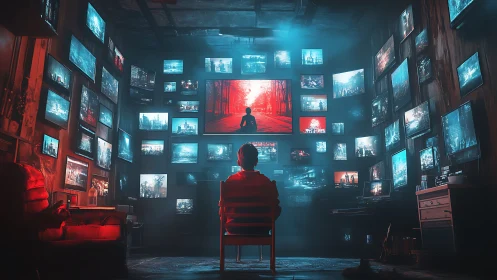 Solitary viewer monitors multi-screen cybernetic control room