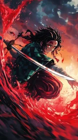 Storm-lit swordsman carves a crimson river through dusk