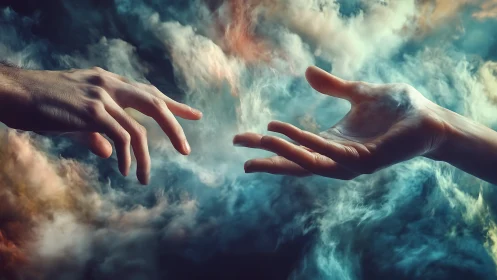Celestial hands reaching through stormlit nebula clouds.
