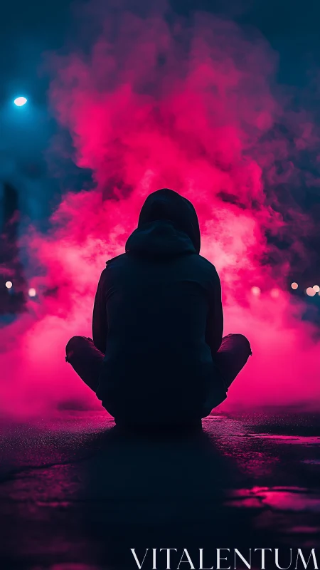 Hooded figure seated before dense pink smoke plume at night.