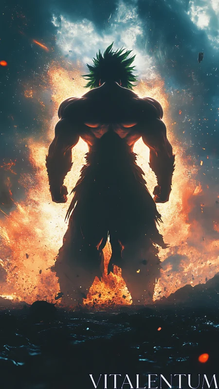 Explosive warrior silhouette dominates blazing battlefield.