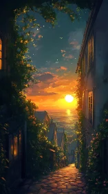 Narrow coastal alley descends toward sunlit ocean horizon