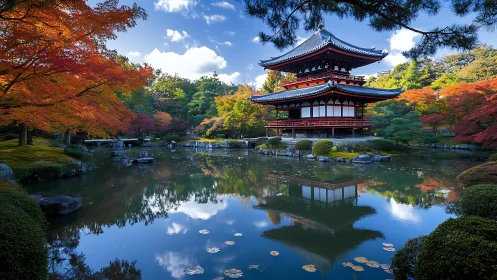 Tranquil Japanese pavilion embraced by autumn reflections.