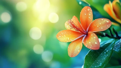 Orange Hibiscus Bloom Glistening After Summer Rain