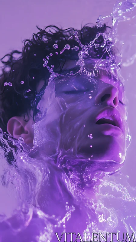 Iridescent water splash enveloping human face in violet light