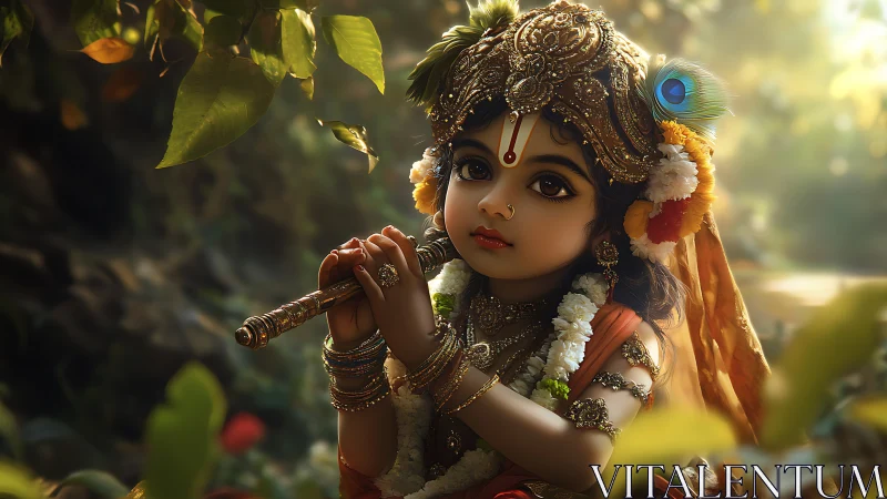 Divine child flutist in jeweled crown amid soft jungle light.