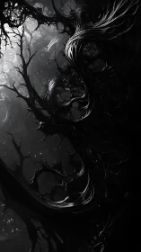 Surreal monochrome tendril vortex with chiaroscuro depth.