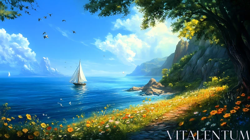 Digital painting seascape with sailboat, floral coastal path panorama.