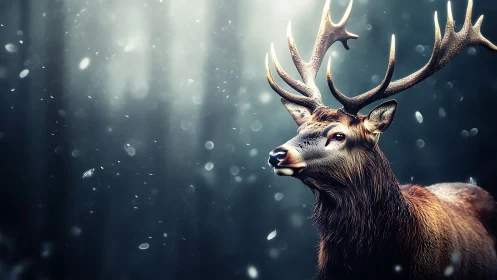 Gentle stag beneath falling snow in a softly lit forest.